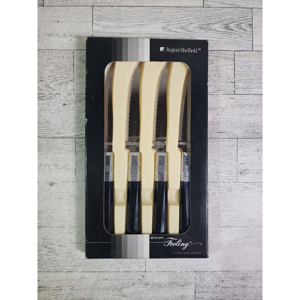 NEW 1987 Regent Sheffield Feeling Ebony 4 Piece Steak Knife Set Vintage